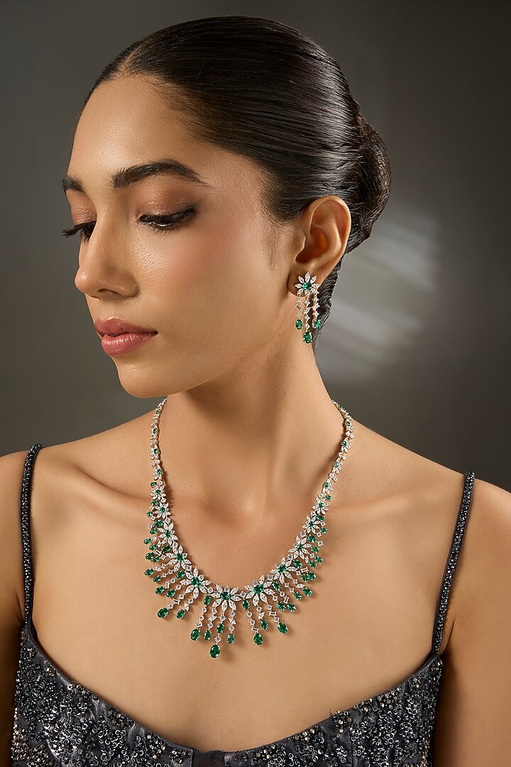 White Gold Finish Zircon & Emerald Stone Necklace Set In Sterling Silver by STELLA CREATIONS at Pernia's Pop Up Shop