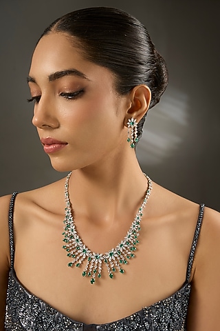White Gold Finish Zircon & Emerald Stone Necklace Set In Sterling Silver by STELLA CREATIONS