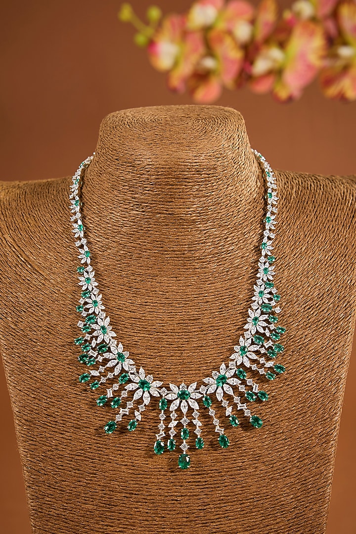White Gold Finish Zircon & Emerald Stone Necklace Set In Sterling Silver by STELLA CREATIONS at Pernia's Pop Up Shop