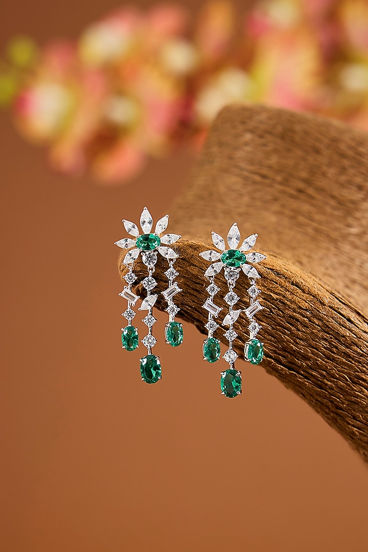 White Gold Finish Zircon & Emerald Stone Necklace Set In Sterling Silver by STELLA CREATIONS at Pernia's Pop Up Shop