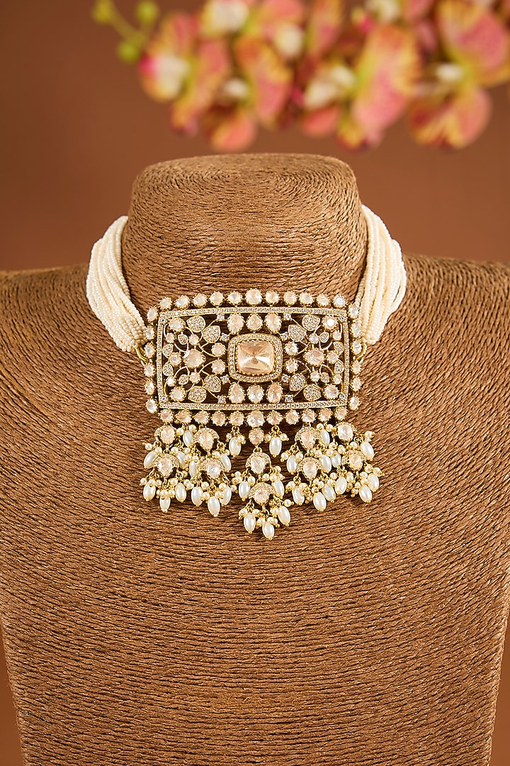 Yellow Gold Finish Moissanite Polki & Pearl Choker Necklace Set In Sterling Silver by STELLA CREATIONS at Pernia's Pop Up Shop