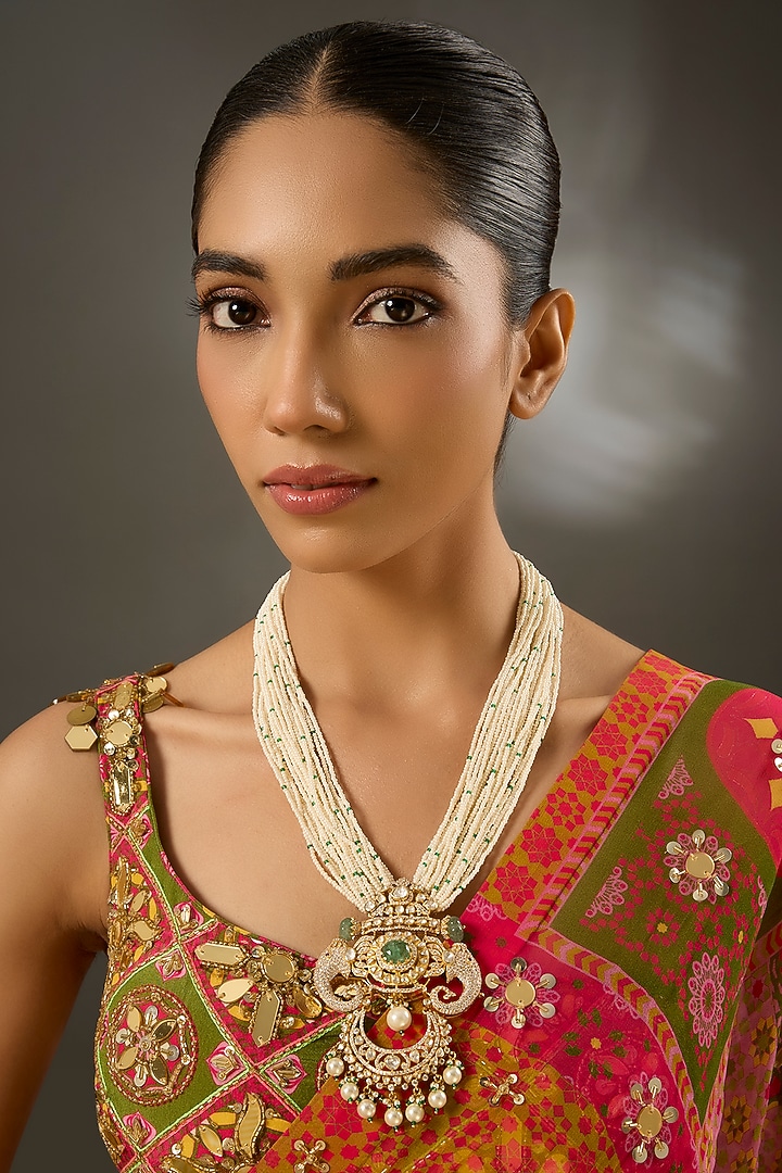 Yellow Gold Finish Moissanite Polki Long Necklace In Sterling Silver by STELLA CREATIONS at Pernia's Pop Up Shop