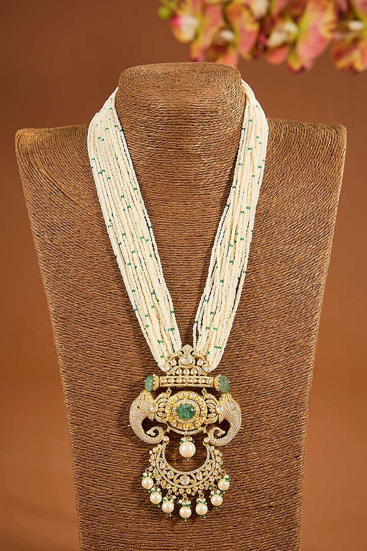 Yellow Gold Finish Moissanite Polki Long Necklace In Sterling Silver by STELLA CREATIONS at Pernia's Pop Up Shop