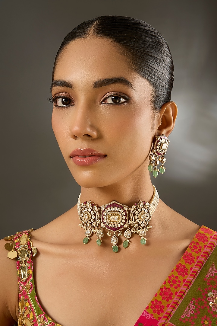 Yellow Gold Finish Moissanite Polki & Shell Pearl Choker Necklace Set In Sterling Silver by STELLA CREATIONS at Pernia's Pop Up Shop