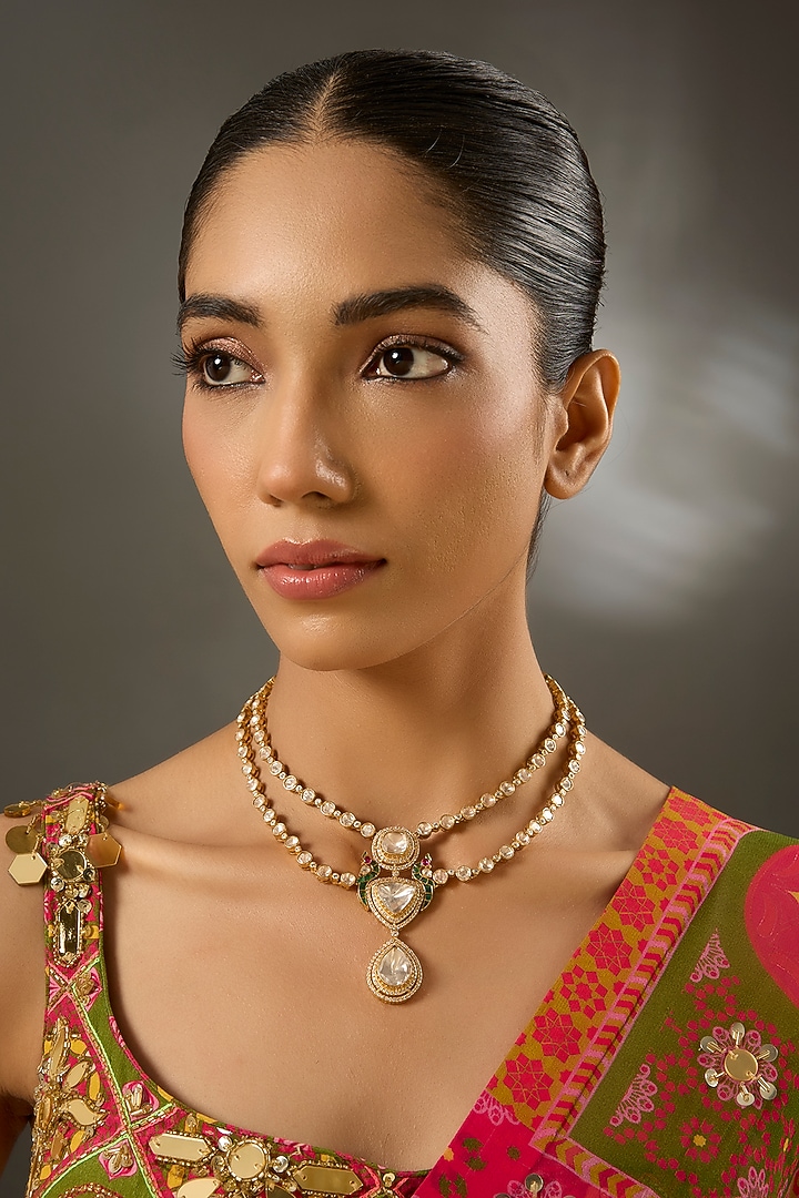 Yellow Gold Finish Moissanite Polki Necklace In Sterling Silver by STELLA CREATIONS at Pernia's Pop Up Shop