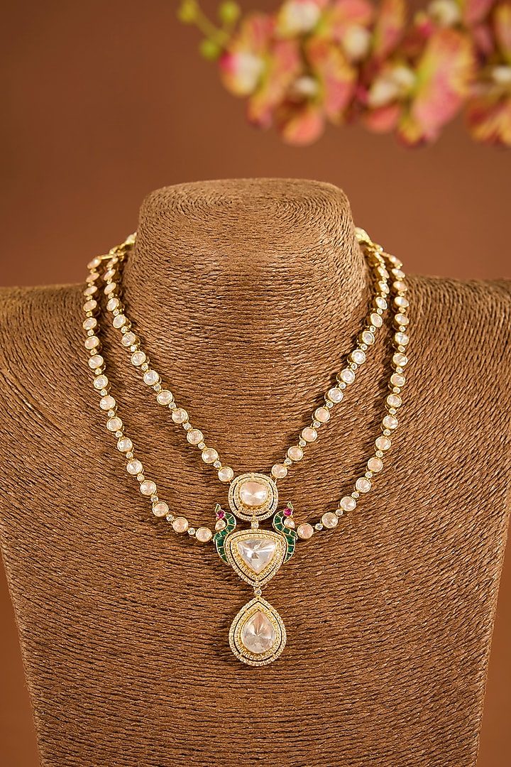 Yellow Gold Finish Moissanite Polki Necklace In Sterling Silver by STELLA CREATIONS at Pernia's Pop Up Shop