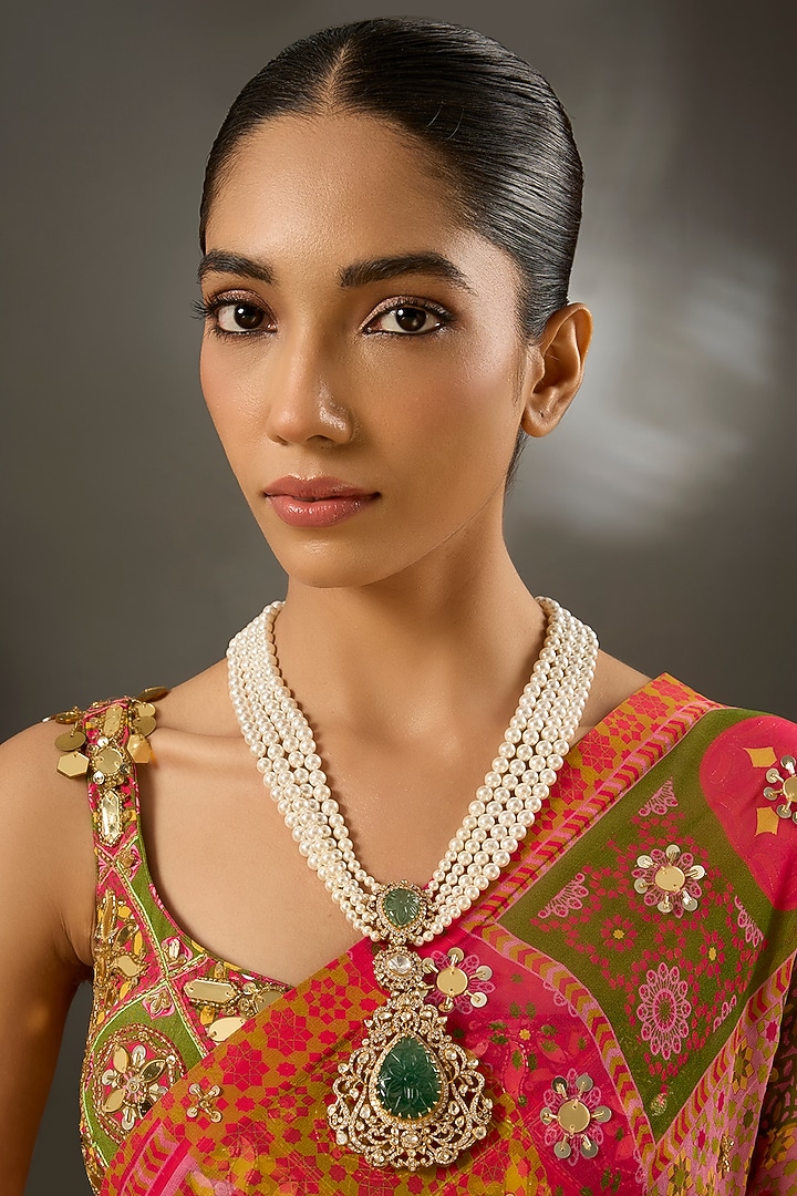 Yellow Gold Finish Moissanite Polki Necklace In Sterling Silver by STELLA CREATIONS at Pernia's Pop Up Shop