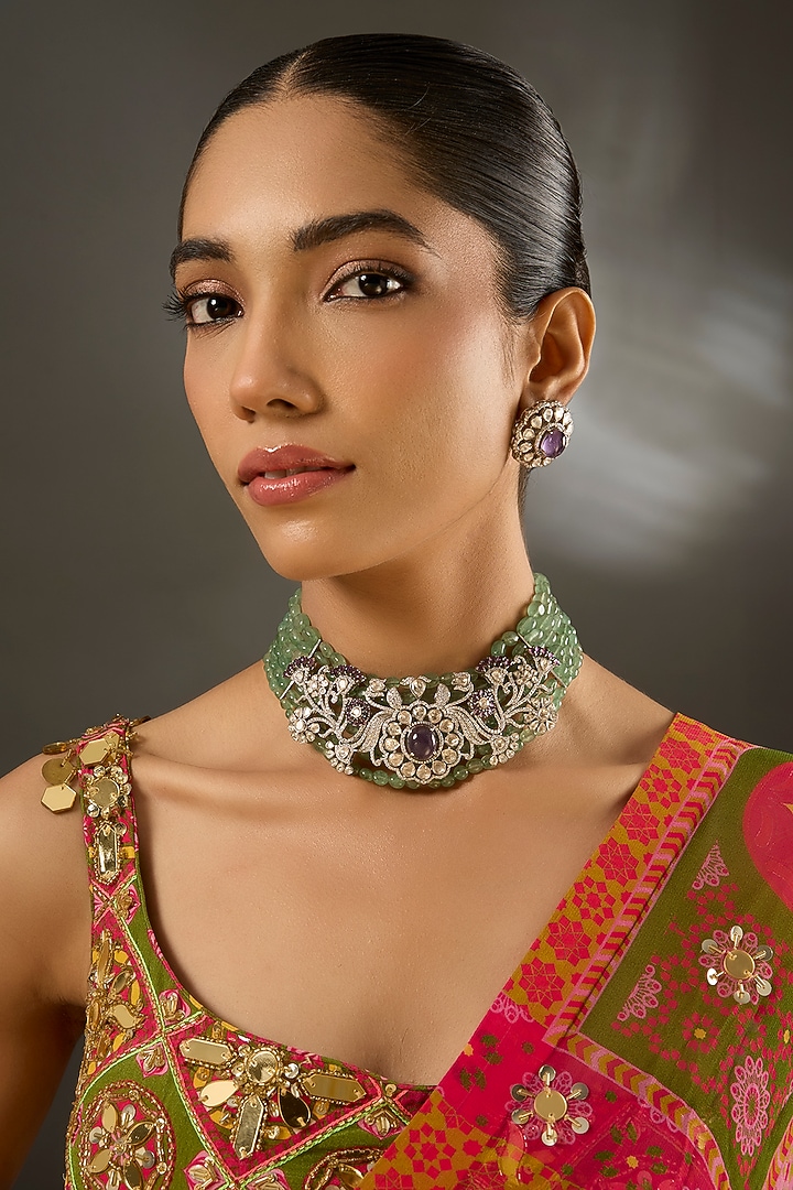 White Gold Finish Amethyst Stone Choker Necklace Set In Sterling Silver by STELLA CREATIONS at Pernia's Pop Up Shop