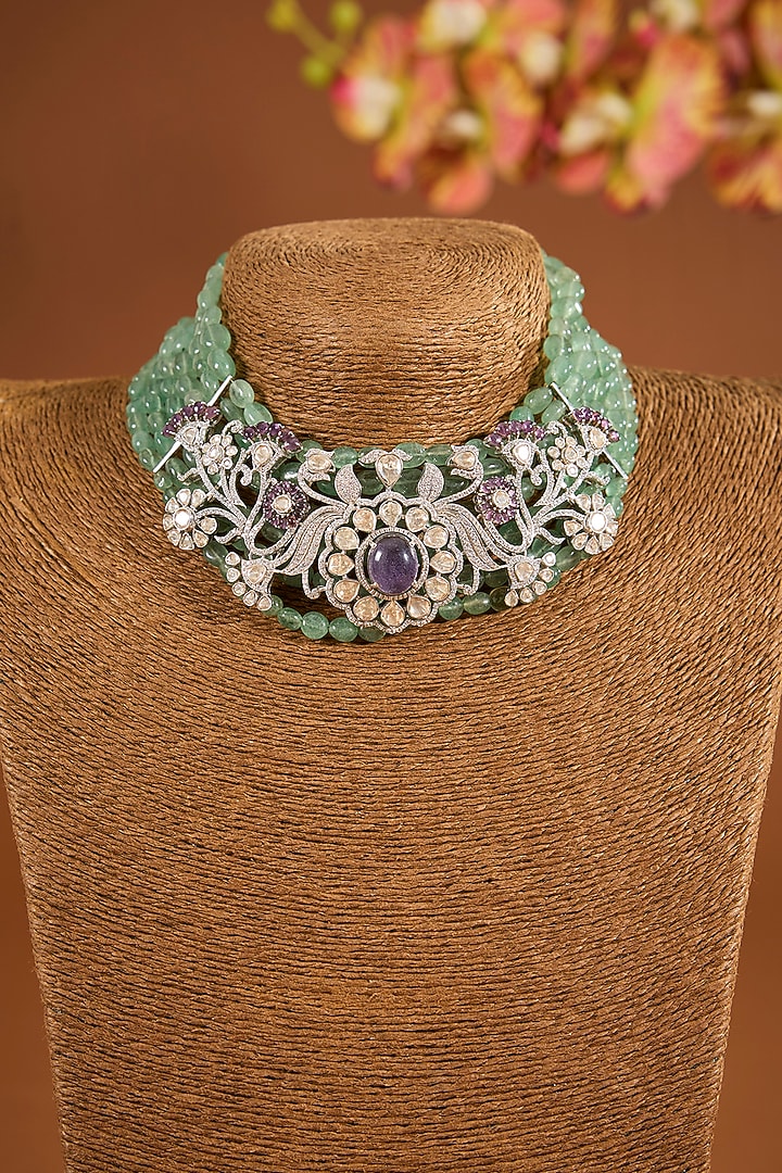 White Gold Finish Amethyst Stone Choker Necklace Set In Sterling Silver by STELLA CREATIONS at Pernia's Pop Up Shop