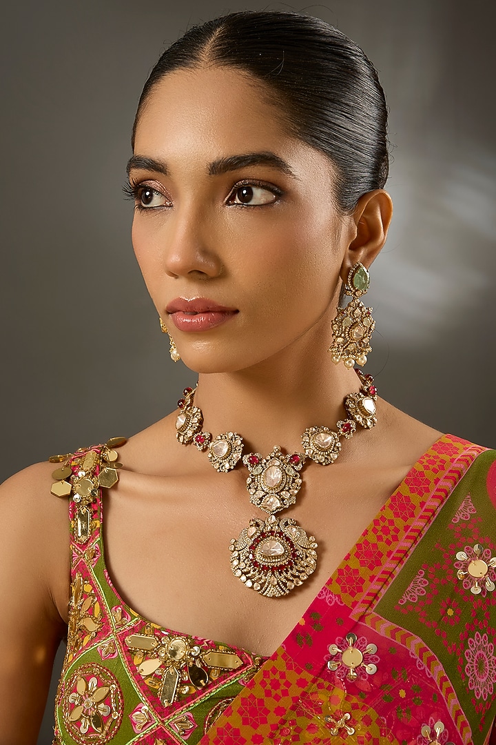 Yellow Gold Finish Moissanite Polki & Ruby Stone Necklace Set In Sterling Silver by STELLA CREATIONS at Pernia's Pop Up Shop