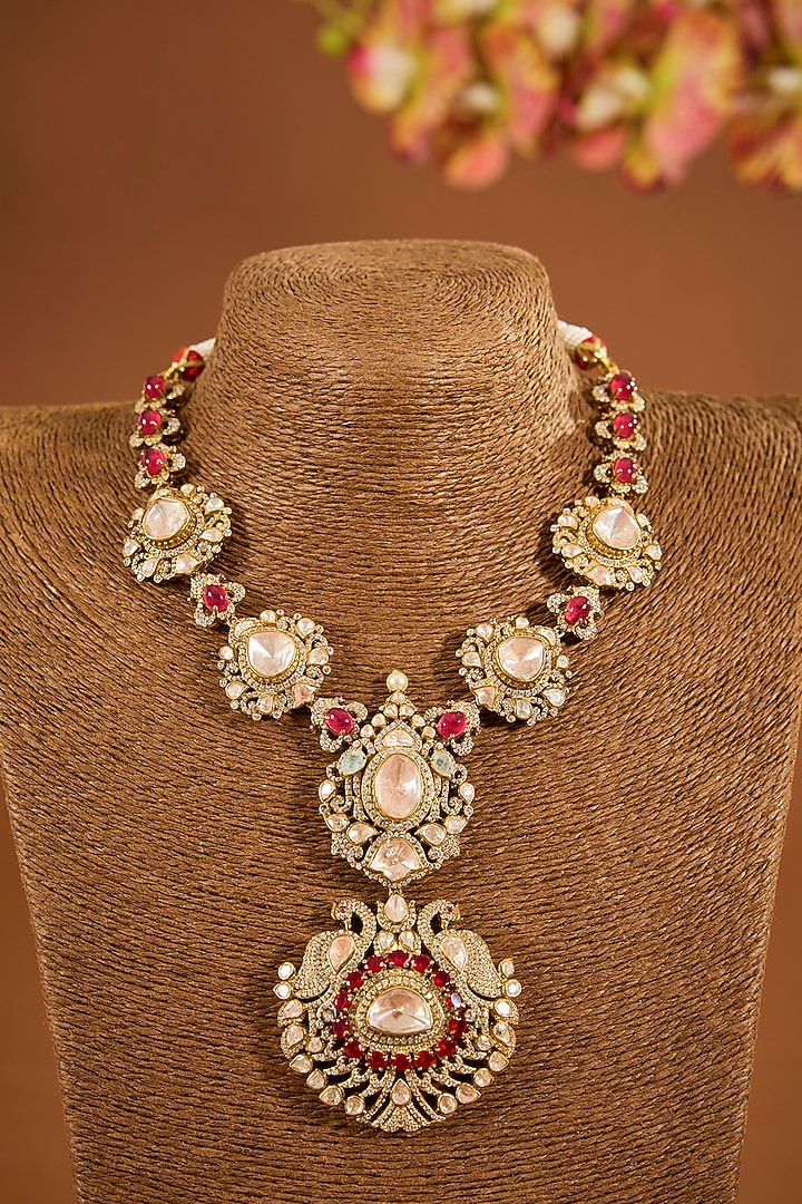 Yellow Gold Finish Moissanite Polki & Ruby Stone Necklace Set In Sterling Silver by STELLA CREATIONS at Pernia's Pop Up Shop