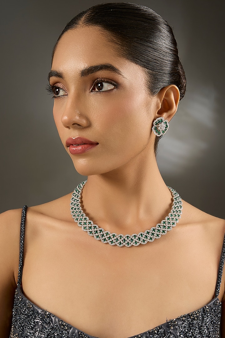 White Gold Finish Zircon & Emerald Stone Necklace Set In Sterling Silver by STELLA CREATIONS at Pernia's Pop Up Shop