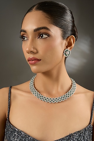 White Gold Finish Zircon & Emerald Stone Necklace Set In Sterling Silver by STELLA CREATIONS