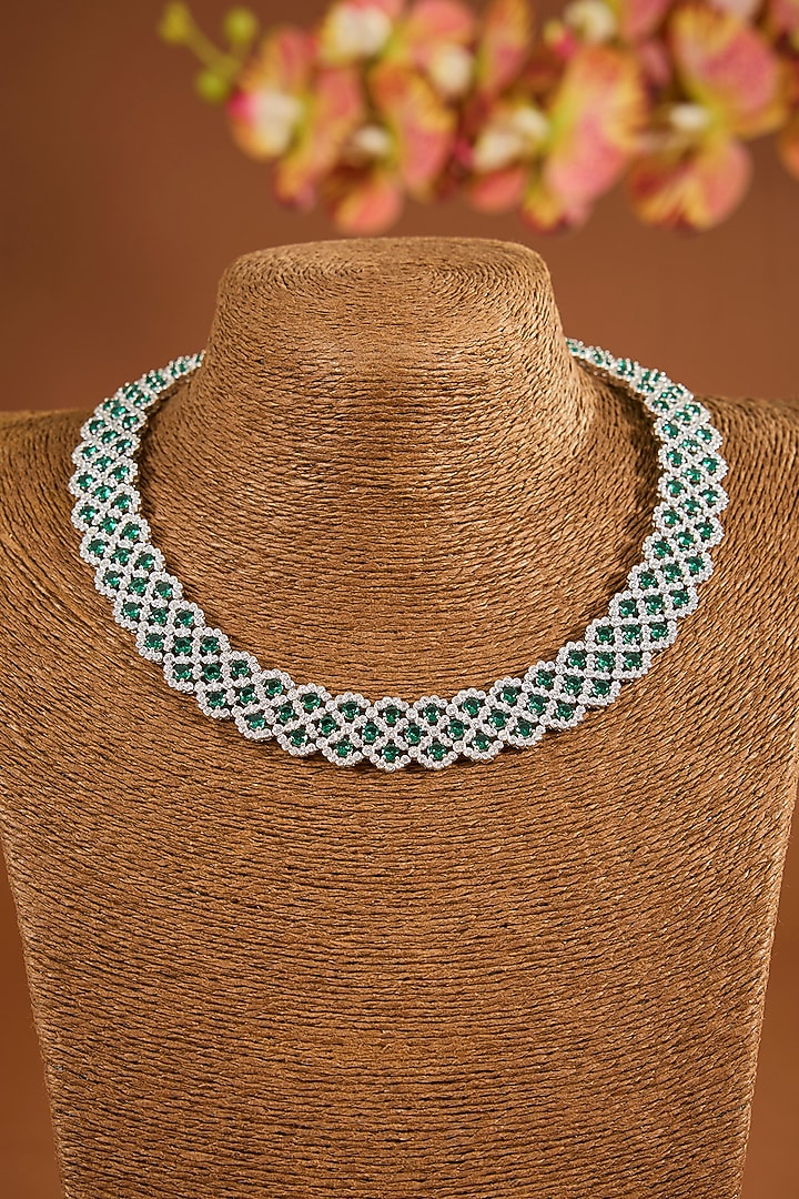 White Gold Finish Zircon & Emerald Stone Necklace Set In Sterling Silver by STELLA CREATIONS at Pernia's Pop Up Shop