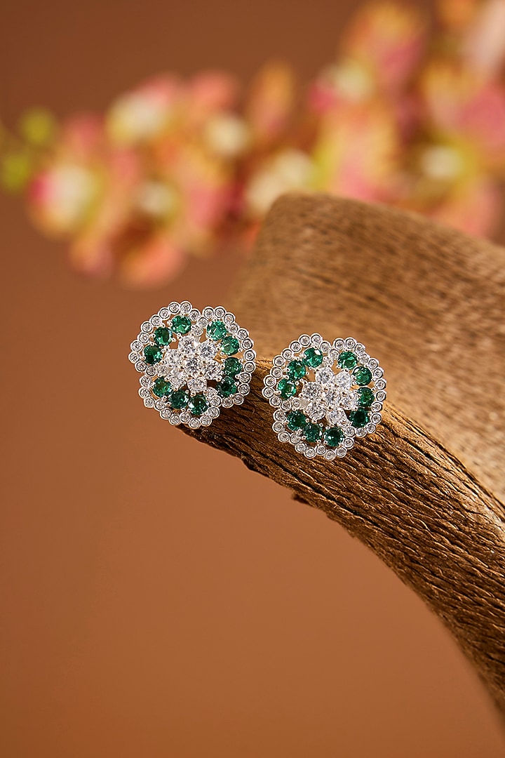 White Gold Finish Zircon & Emerald Stone Necklace Set In Sterling Silver by STELLA CREATIONS at Pernia's Pop Up Shop