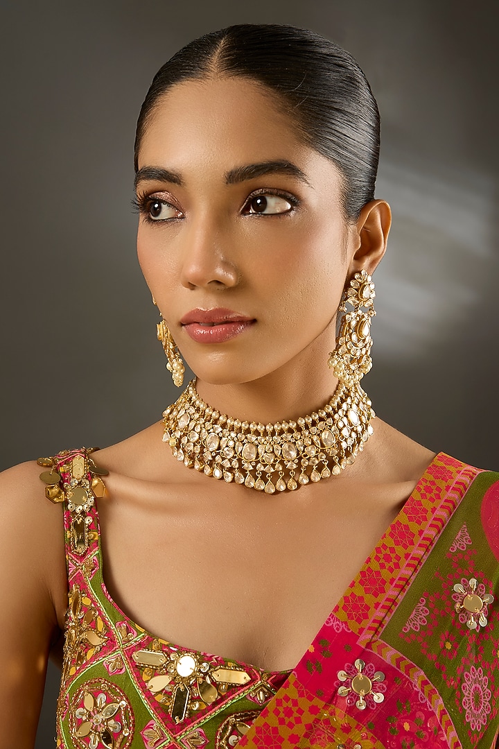Yellow Gold Finish Moissanite Polki Necklace Set In Sterling Silver by STELLA CREATIONS at Pernia's Pop Up Shop