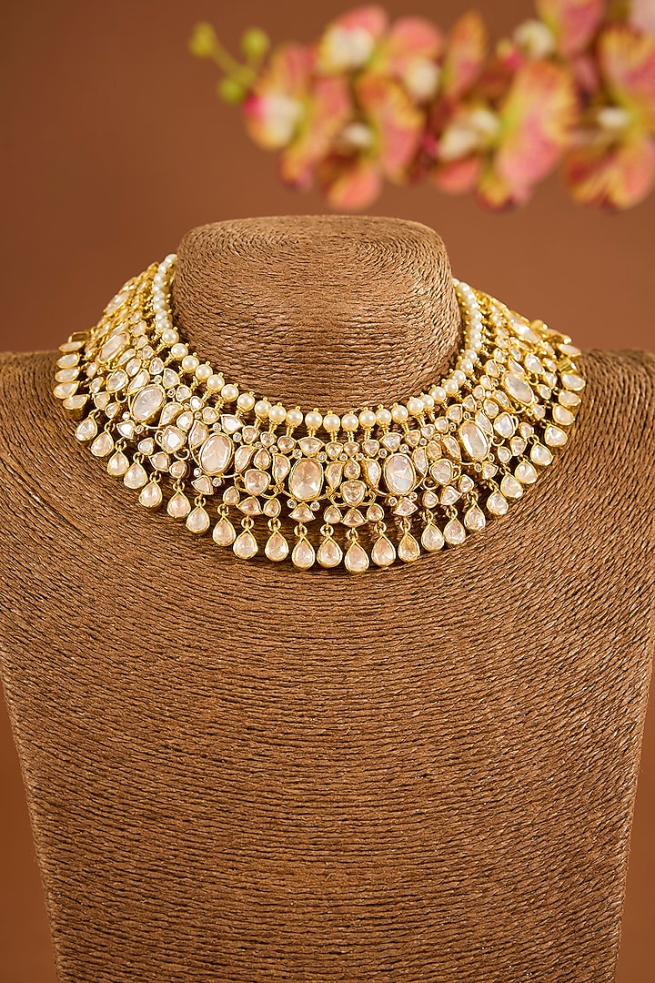 Yellow Gold Finish Moissanite Polki Necklace Set In Sterling Silver by STELLA CREATIONS at Pernia's Pop Up Shop