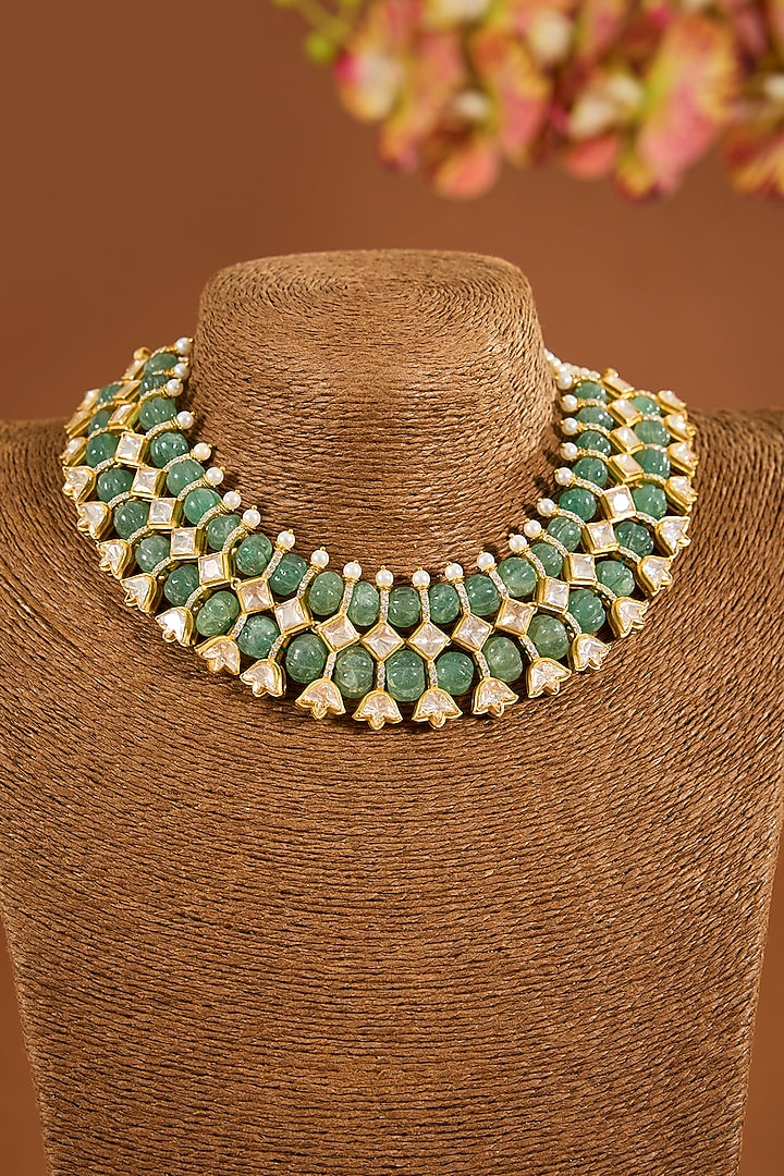 Yellow Gold Finish Emerald Stone Necklace Set In Sterling Silver by STELLA CREATIONS at Pernia's Pop Up Shop