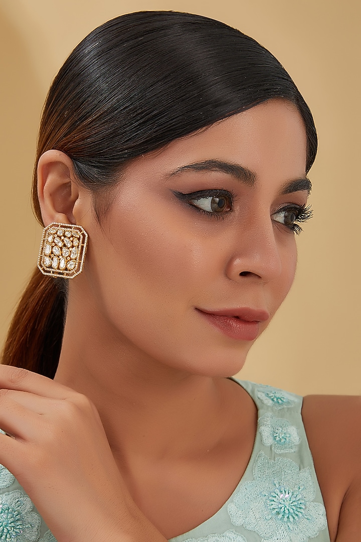 Gold Finish Zircon & Moissanite Polki Stud Earrings In Sterling Silver by STELLA CREATIONS at Pernia's Pop Up Shop