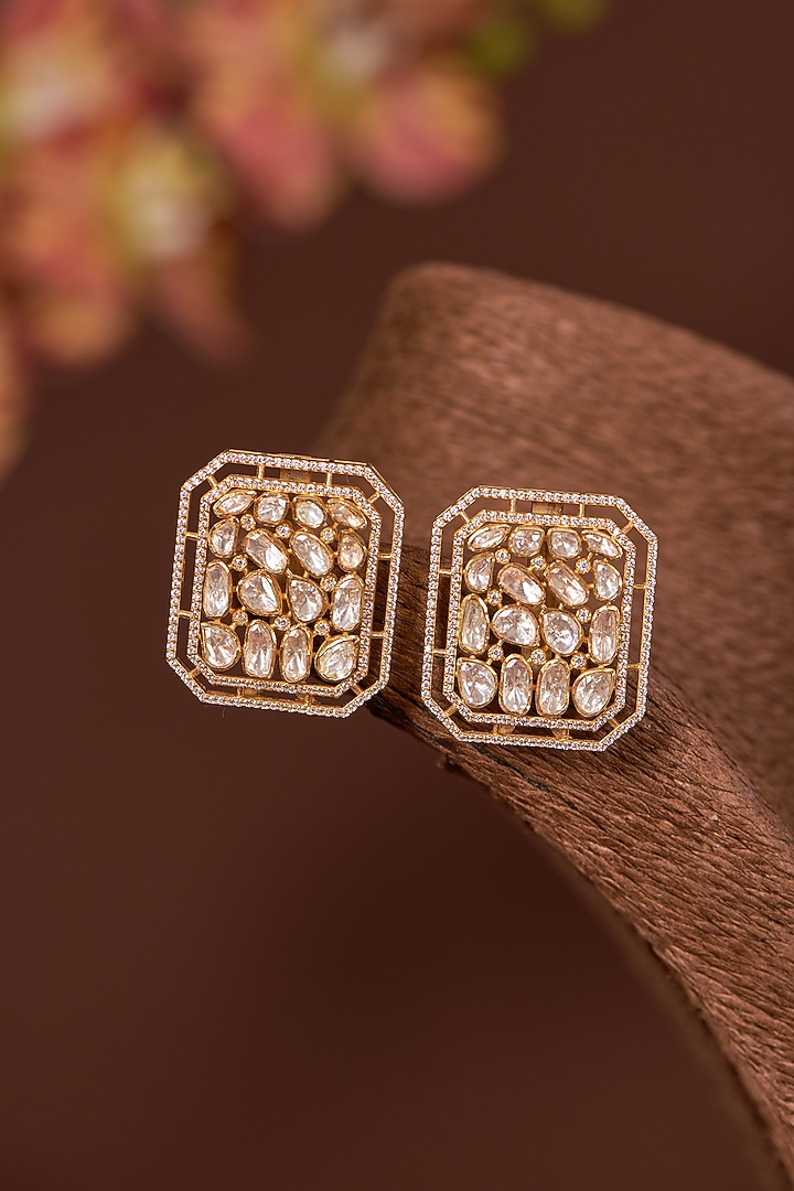 Gold Finish Zircon & Moissanite Polki Stud Earrings In Sterling Silver by STELLA CREATIONS at Pernia's Pop Up Shop