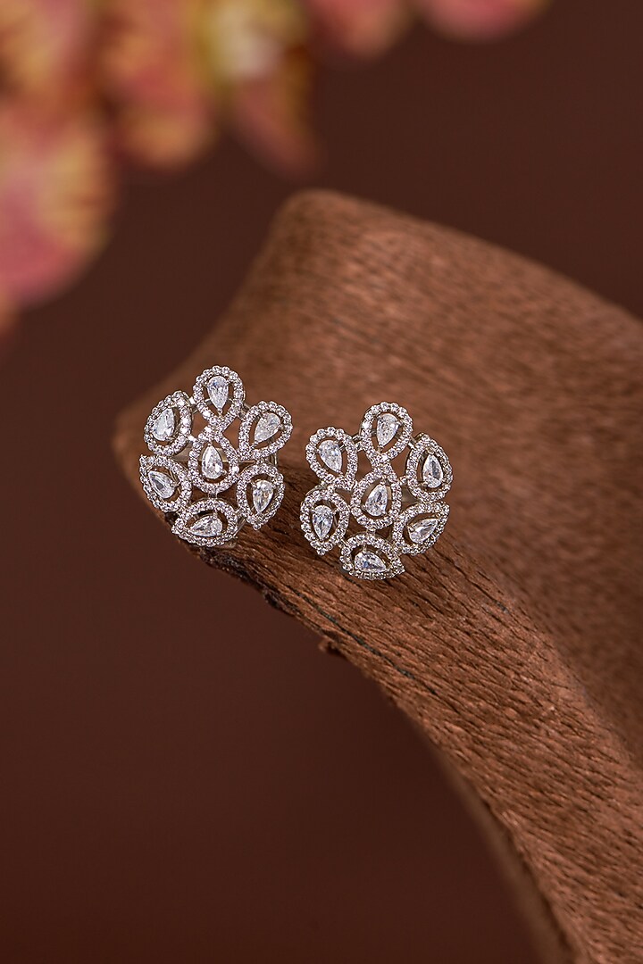 White Finish Zircon Stud Earrings In Sterling Silver by STELLA CREATIONS at Pernia's Pop Up Shop