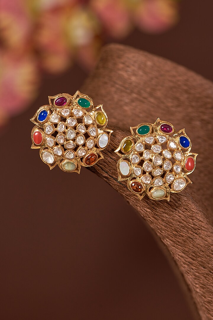 Gold Finish Emerald & Ruby Stud Earrings In Sterling Silver by STELLA CREATIONS at Pernia's Pop Up Shop