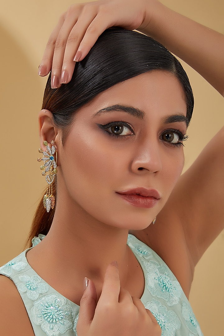 Two Tone Finish Zircon & Sapphire Dangler Earrings In Sterling Silver by STELLA CREATIONS at Pernia's Pop Up Shop