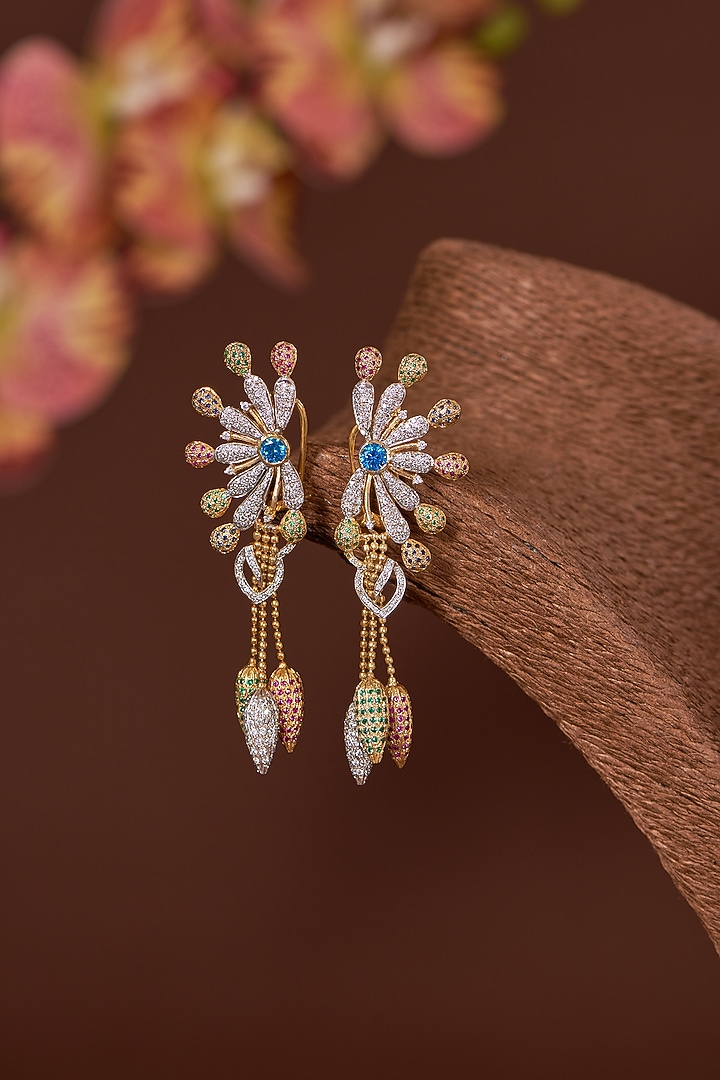 Two Tone Finish Zircon & Sapphire Dangler Earrings In Sterling Silver by STELLA CREATIONS at Pernia's Pop Up Shop