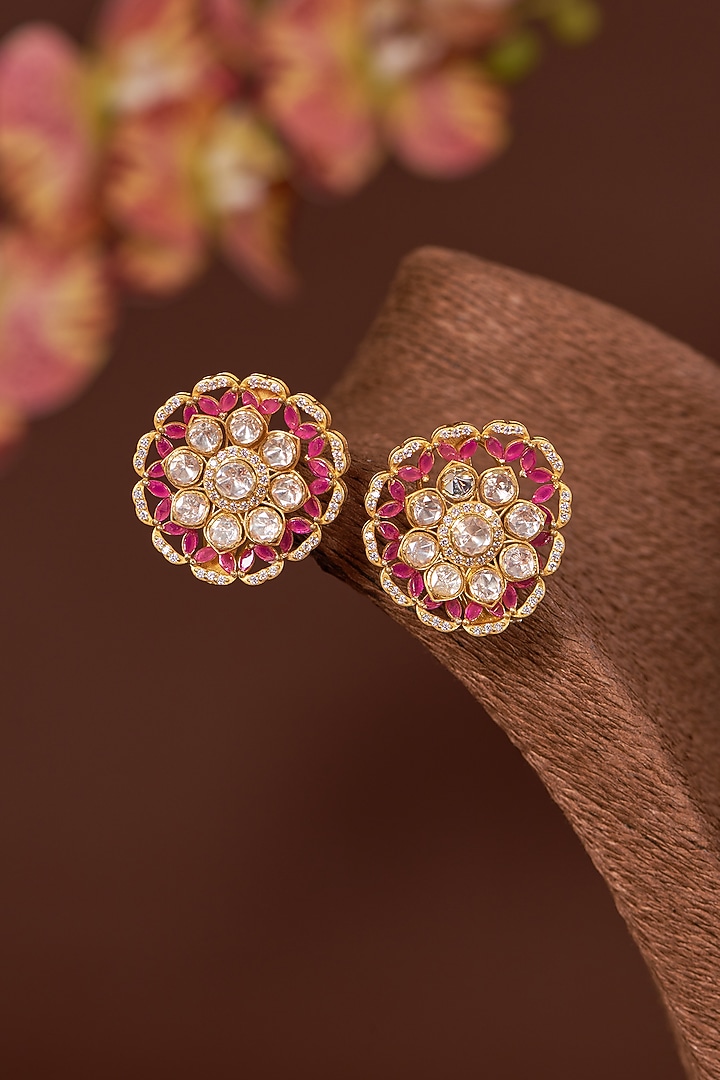 Gold Finish Moissanite Polki & Ruby Stud Earrings In Sterling Silver by STELLA CREATIONS at Pernia's Pop Up Shop