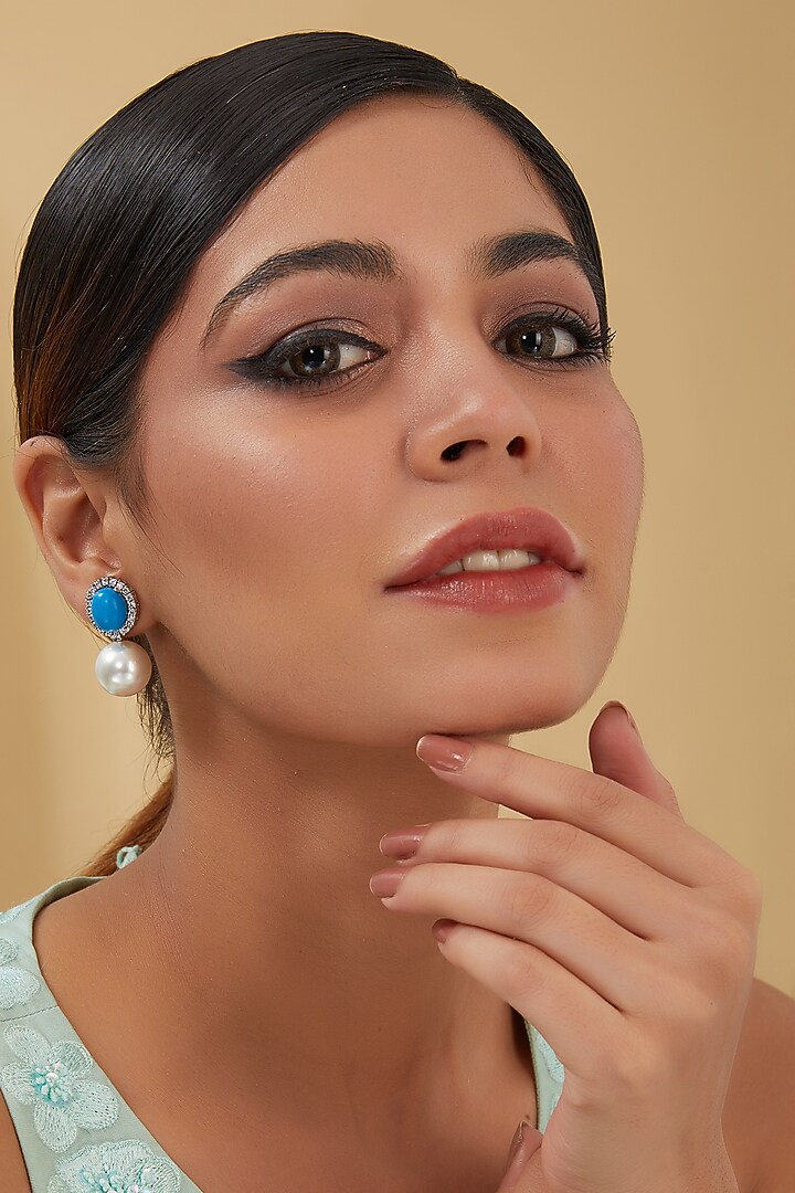 White Finish Pearl & Turquoise Stone Dangler Earrings In Sterling Silver by STELLA CREATIONS at Pernia's Pop Up Shop