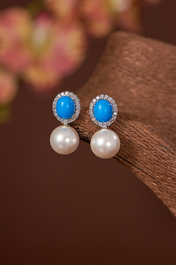 White Finish Pearl & Turquoise Stone Dangler Earrings In Sterling Silver by STELLA CREATIONS at Pernia's Pop Up Shop
