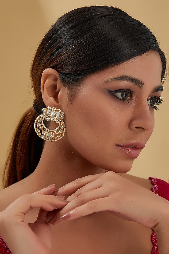 Gold Finish Moissanite Polki & Pearl Chandbali Earrings In Sterling Silver by STELLA CREATIONS at Pernia's Pop Up Shop