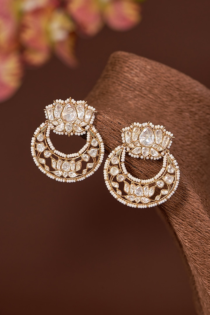 Gold Finish Moissanite Polki & Pearl Chandbali Earrings In Sterling Silver by STELLA CREATIONS at Pernia's Pop Up Shop