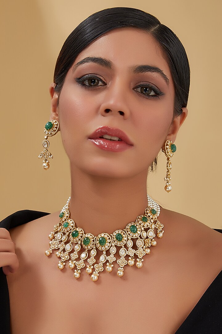 Gold Finish Moissanite Polki & Emerald Necklace Set In Sterling Silver by STELLA CREATIONS at Pernia's Pop Up Shop