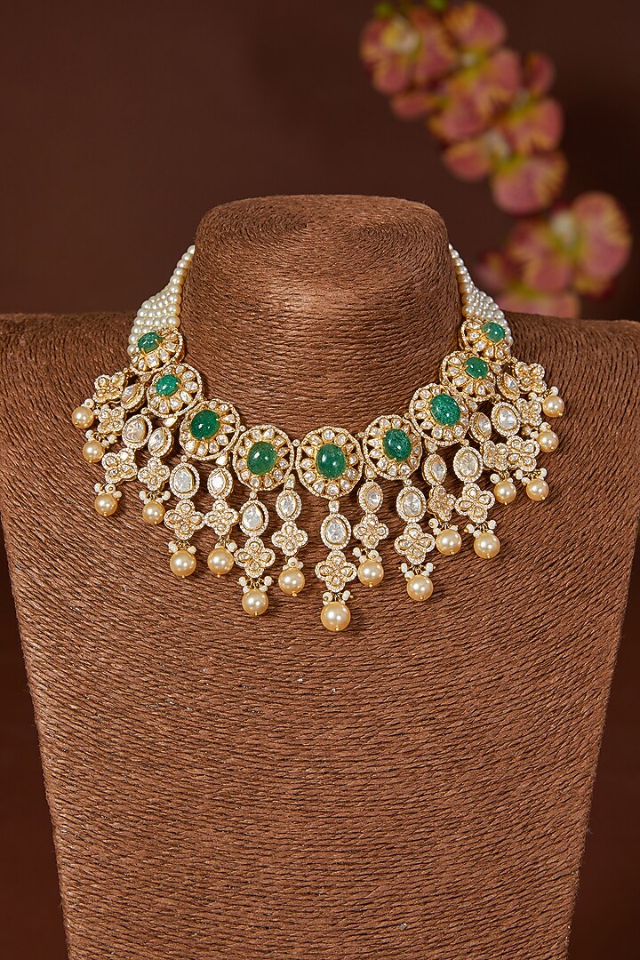 Gold Finish Moissanite Polki & Emerald Necklace Set In Sterling Silver by STELLA CREATIONS at Pernia's Pop Up Shop