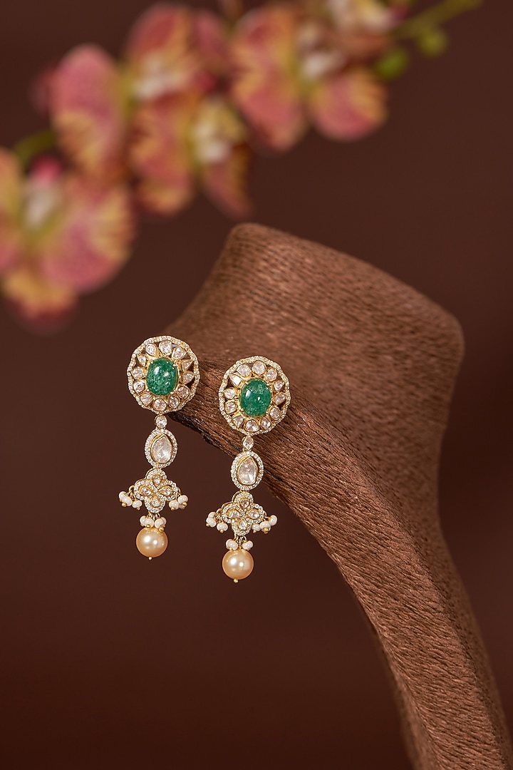 Gold Finish Moissanite Polki & Emerald Necklace Set In Sterling Silver by STELLA CREATIONS at Pernia's Pop Up Shop