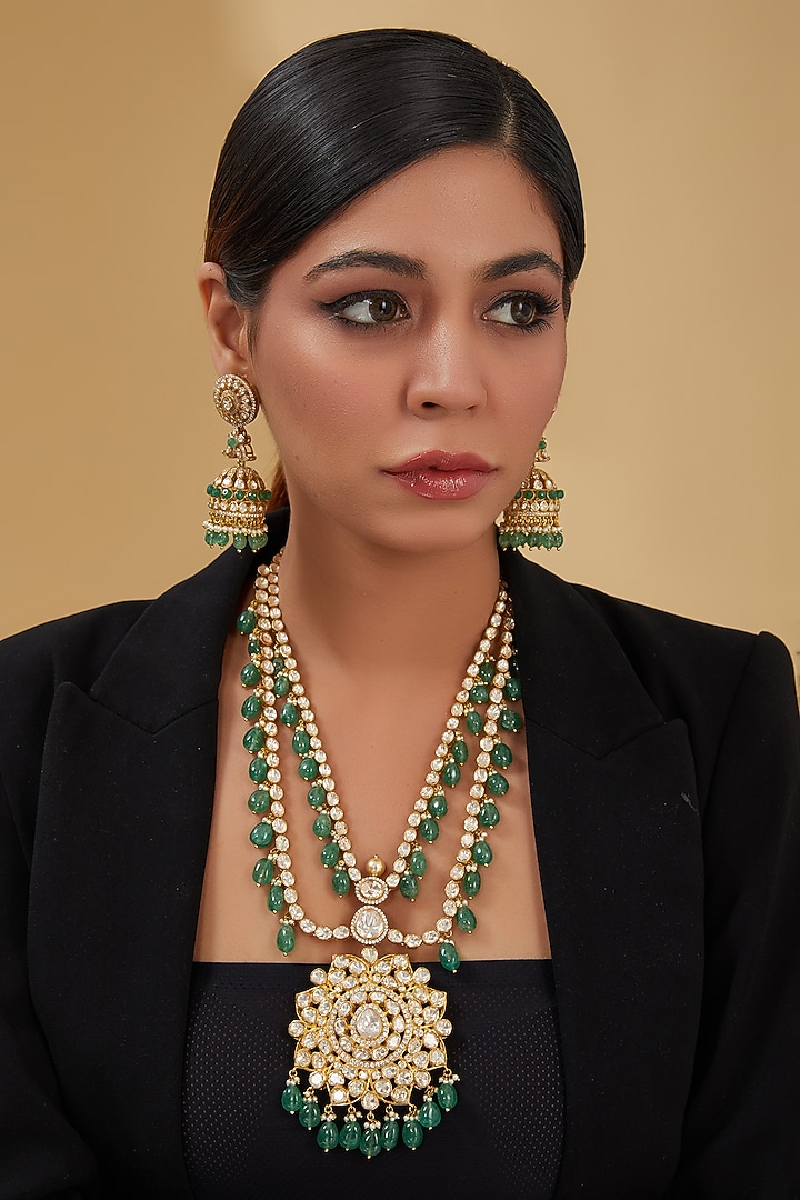 Gold Finish Moissanite Polki & Emerald Long Necklace Set In Sterling Silver by STELLA CREATIONS at Pernia's Pop Up Shop