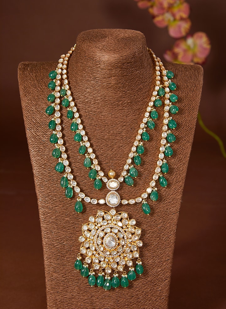 Gold Finish Moissanite Polki & Emerald Long Necklace Set In Sterling Silver by STELLA CREATIONS at Pernia's Pop Up Shop