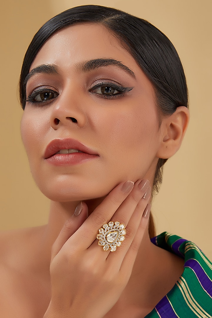 Gold Finish Moissanite Polki & Zircon Ring In Sterling Silver by STELLA CREATIONS at Pernia's Pop Up Shop