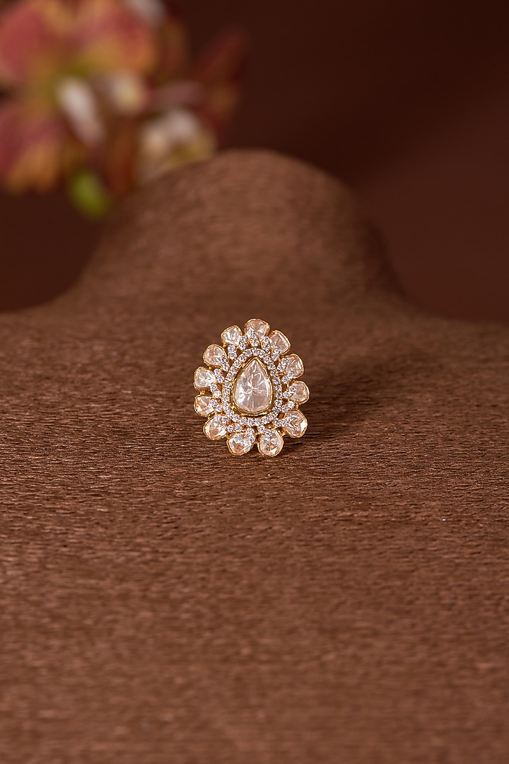 Gold Finish Moissanite Polki & Zircon Ring In Sterling Silver by STELLA CREATIONS at Pernia's Pop Up Shop