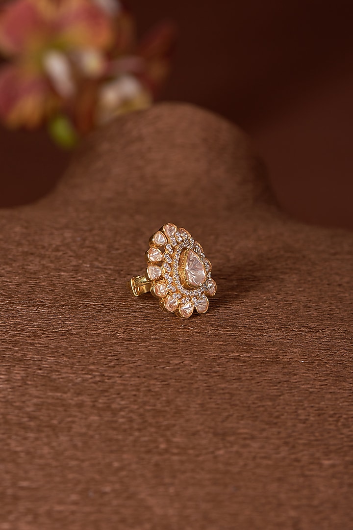 Gold Finish Moissanite Polki & Zircon Ring In Sterling Silver by STELLA CREATIONS at Pernia's Pop Up Shop