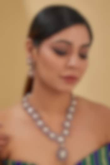 Black Rhodium Finish Moissanite Polki & Ruby Long Necklace Set In Sterling Silver by STELLA CREATIONS at Pernia's Pop Up Shop