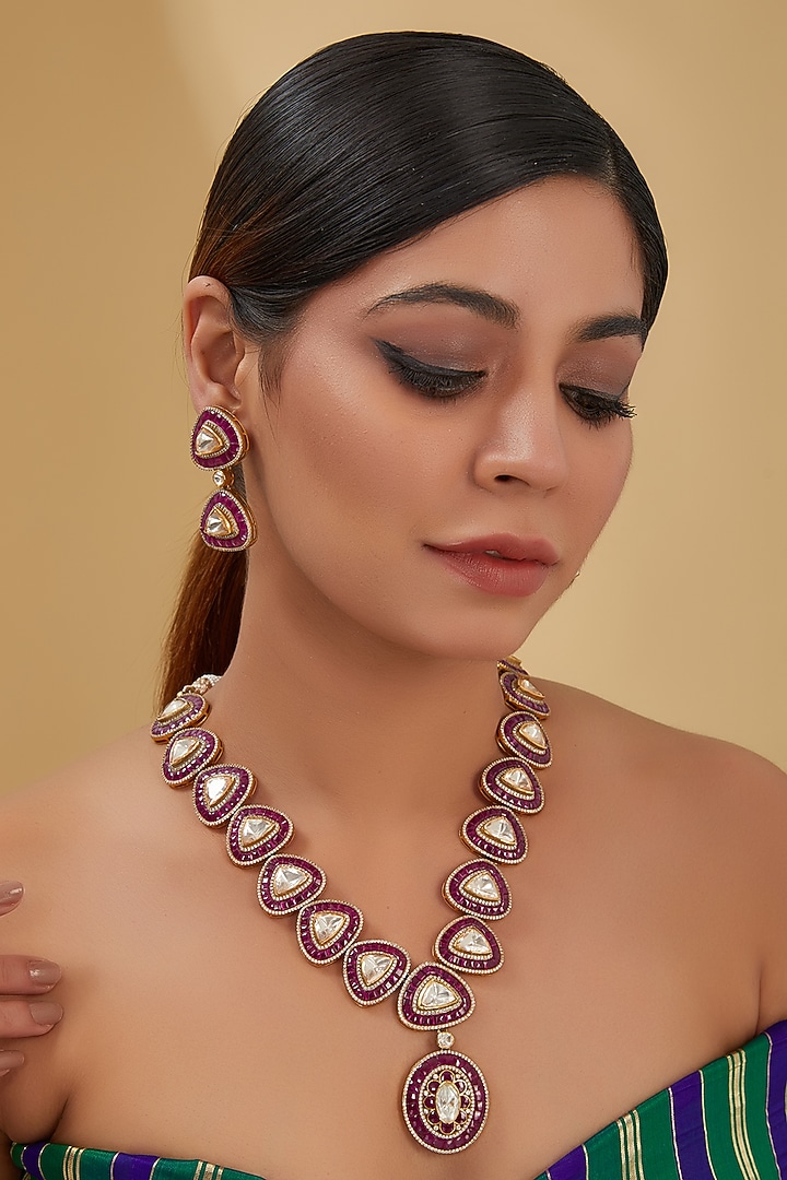 Black Rhodium Finish Moissanite Polki & Ruby Long Necklace Set In Sterling Silver by STELLA CREATIONS at Pernia's Pop Up Shop