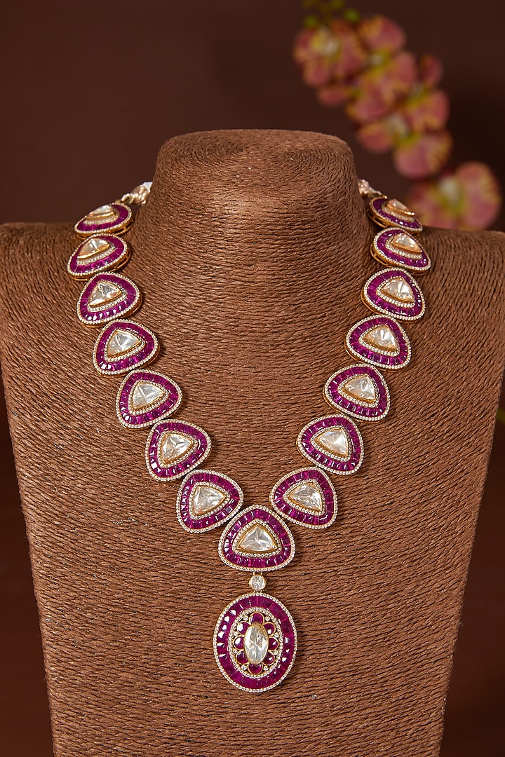 Black Rhodium Finish Moissanite Polki & Ruby Long Necklace Set In Sterling Silver by STELLA CREATIONS at Pernia's Pop Up Shop