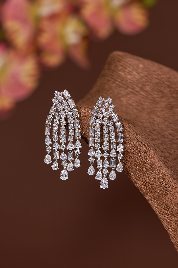 White Finish Zircon Dangler Earrings In Sterling Silver by STELLA CREATIONS at Pernia's Pop Up Shop