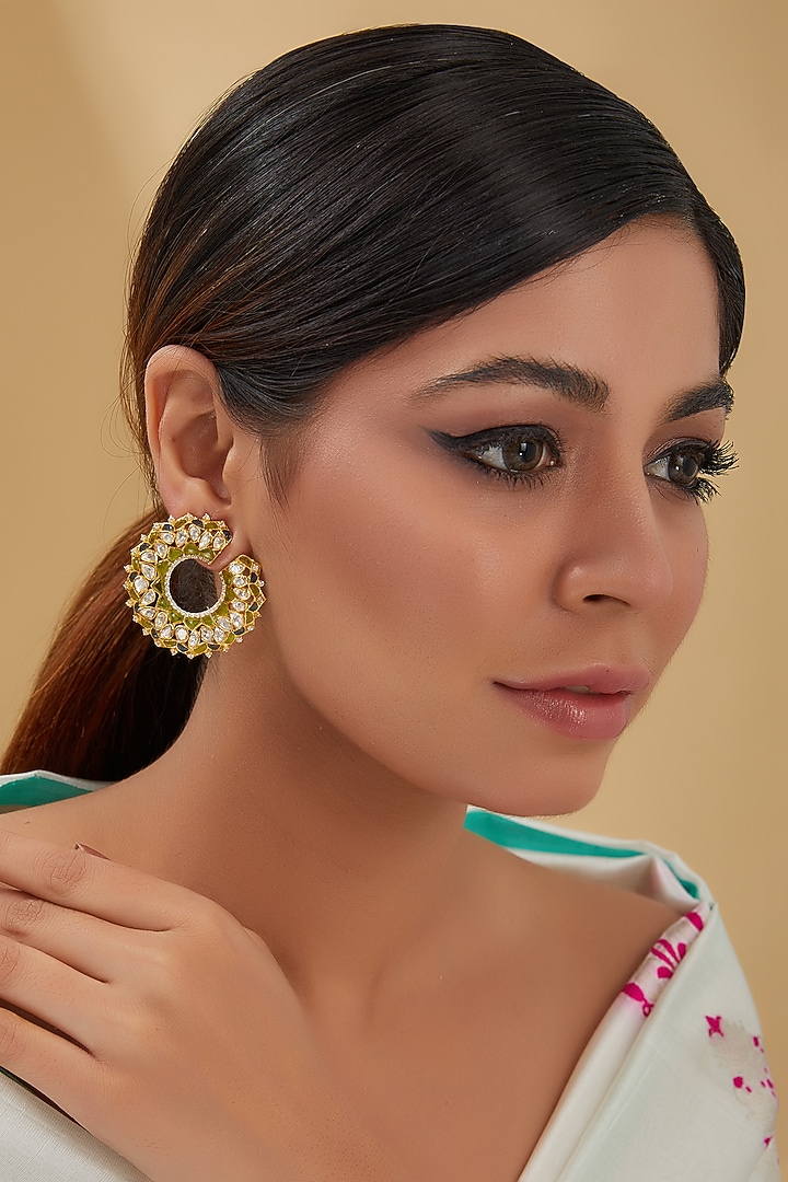 Gold Finish Moissanite Polki & Emerald Stud Earrings In Sterling Silver by STELLA CREATIONS at Pernia's Pop Up Shop