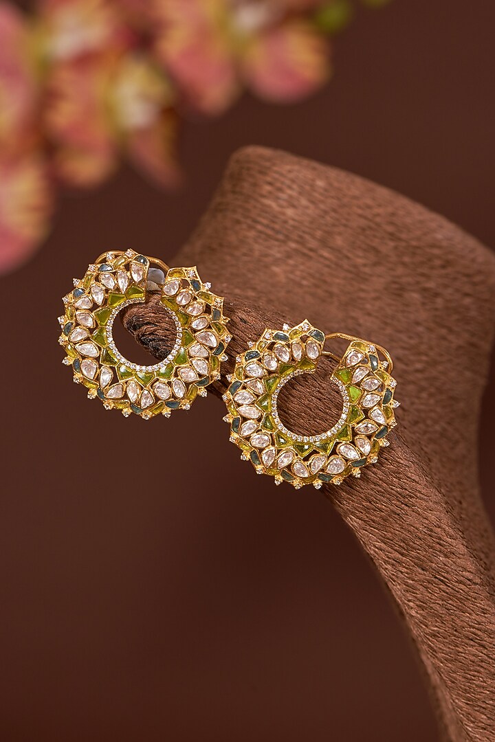 Gold Finish Moissanite Polki & Emerald Stud Earrings In Sterling Silver by STELLA CREATIONS at Pernia's Pop Up Shop