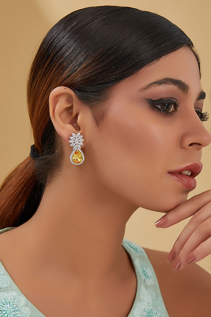 White Finish Zircon & Yellow Topaz Dangler Earrings In Sterling Silver by STELLA CREATIONS at Pernia's Pop Up Shop