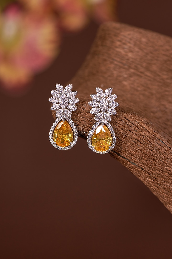 White Finish Zircon & Yellow Topaz Dangler Earrings In Sterling Silver by STELLA CREATIONS at Pernia's Pop Up Shop