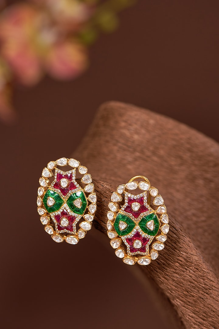 Gold Finish Ruby & Emerald Dangler Earrings In Sterling Silver by STELLA CREATIONS at Pernia's Pop Up Shop